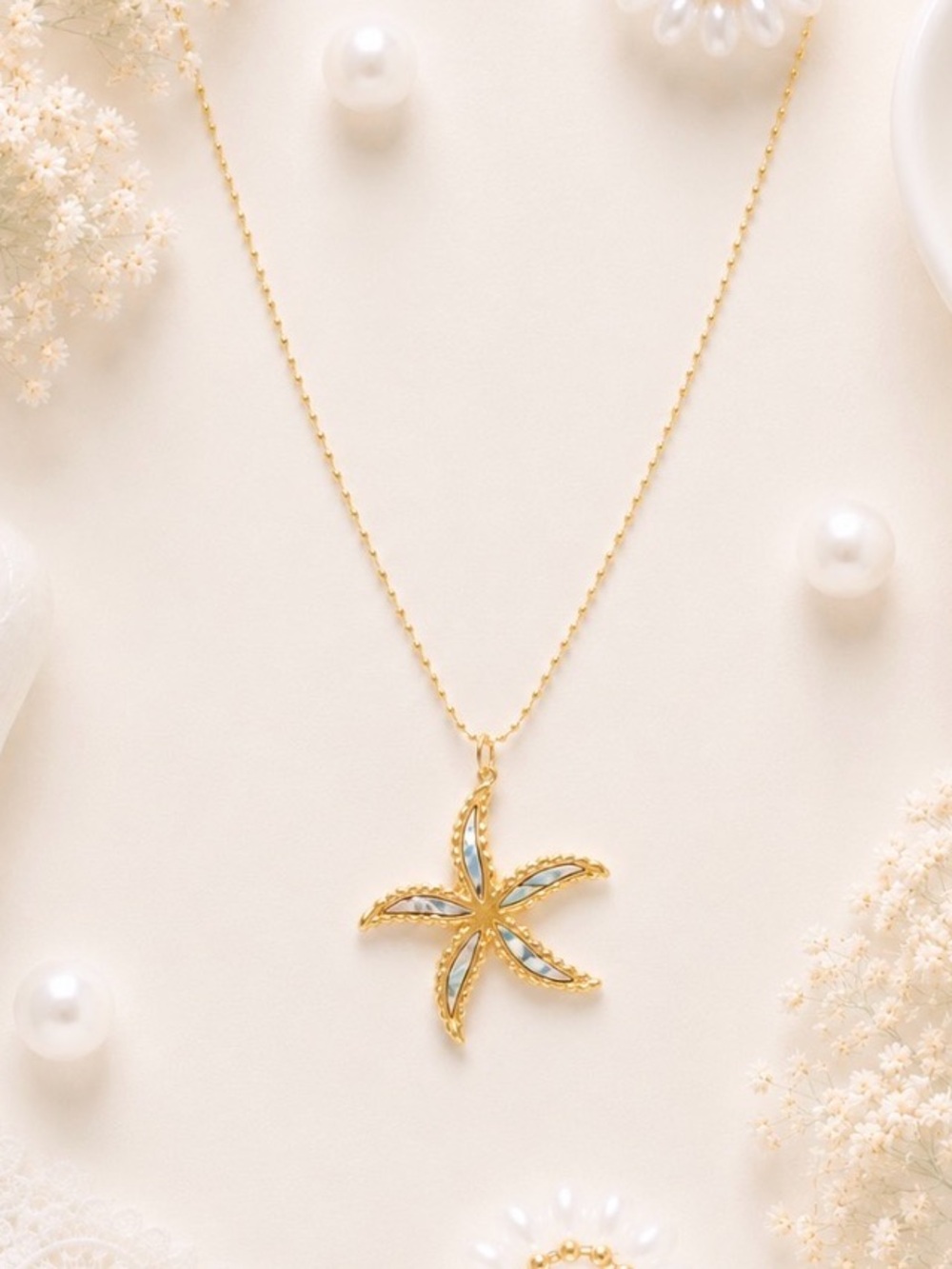 Gold Starfish Pendant Necklace with Aqua Inlay - Women Jewelry